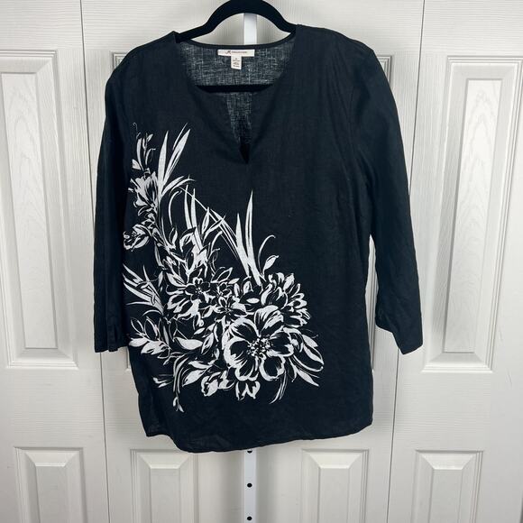 JM Collection Black Large White Floral Print V Neck Tunic Linen Blouse Size 14 - Picture 5 of 6